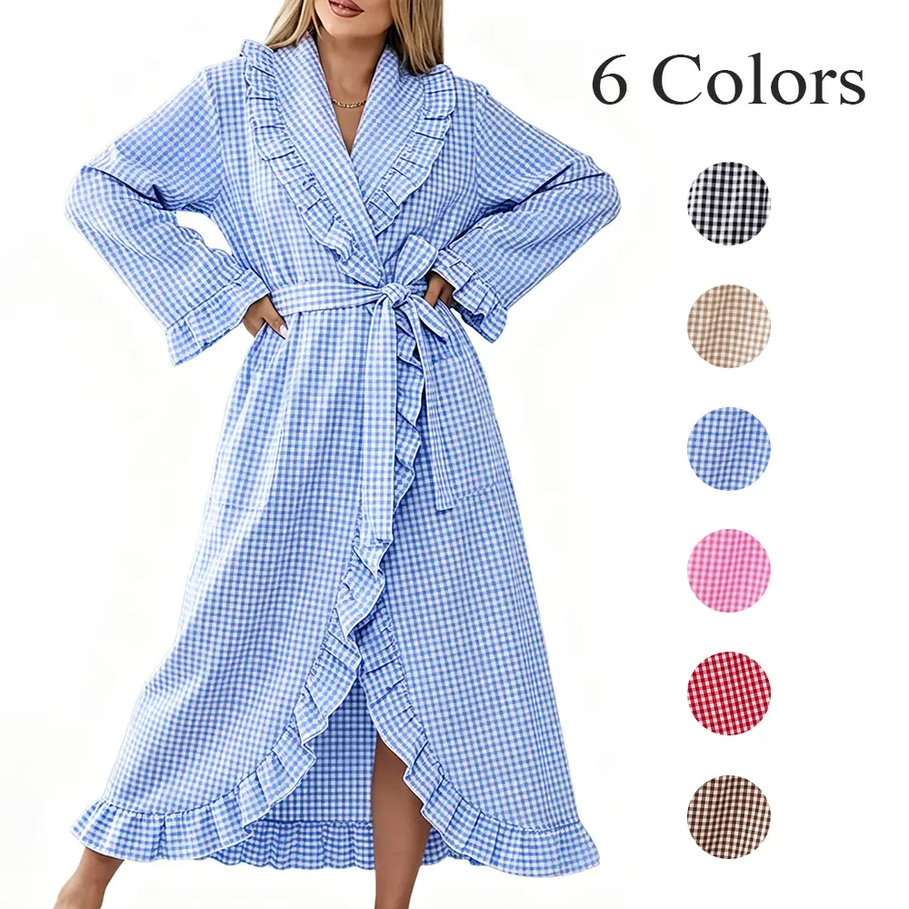 Cotton Robes for Women Gingham Long Sleeve Ruffle Trim Robe Bathrobe Lightweight Plaid Loungewear Sleepwear Cotton Robes for Women Gingham Long Sleeve Ruffle Trim Robe Bathrobe Lightweight Plaid Loungewear Sleepwear