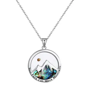 Mustard Seed Mountain Necklace: Women Colorful Abalone Shell Christian Engraved Faith Inspirational Gift Stainless Steel Round Pendant Blue Necklace