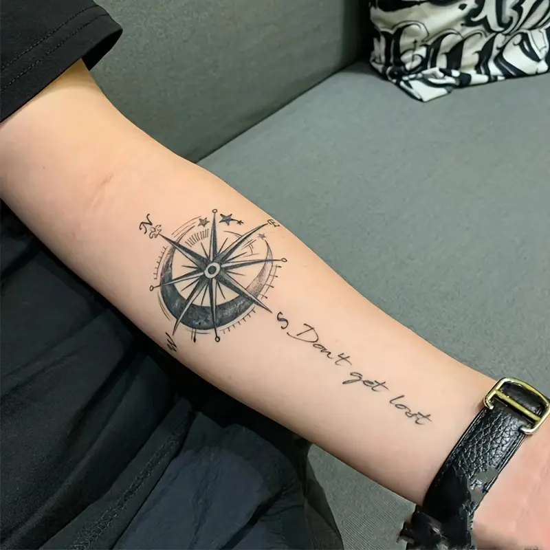 6 large herbal tattoo stickers, including 1 compass element and 5 random styles, lasting 7-15 days, waterproof and wear-resistant, realistic effect, suitable for people who are afraid of pain and don't want tattoos
