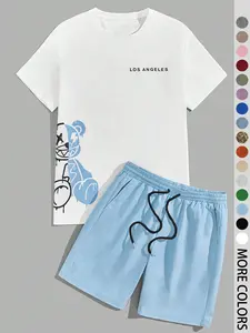 Two-Piece Set Men's Cartoon Bear & Letter Graphic Print Short Sleeve Tee & Shorts Set, Regular Fit Casual Round Neck T-shirt & Track Shorts, Summer Clothes Set for Men