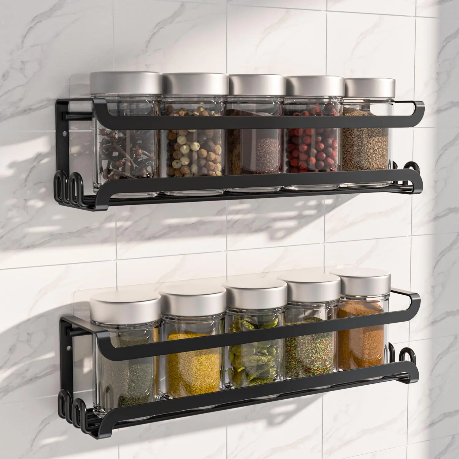 Wall Mounted Spice Rack, 2 Pack Spice Organizer, Hanging Kitchen Shelf, Black Spice Rack, Over Stove Spice Organizer, Pantry Door Spice Shelf, Cabinet Spice Storage, Kitchen Wall Organizer, Adhesive Spice Rack, RV Kitchen Organizer, Spice Shelf With Hook.