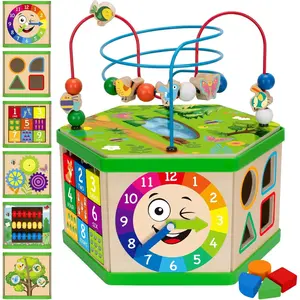 Wooden 7-in-1 Activity Cube STEM Montessori Early Developmental Learning Toy for 1-2 Year Old Kids Boys Girls, Ideal 1st Birthday Gift for Baby Toddlers (Green)