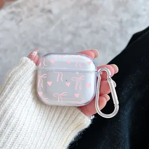 Premium Pink Bow Pattern Protective Case for AirPods 4/3/2/1/Pro/Pro2 Soft TPU Earphone Cover, Transparent with Keychain