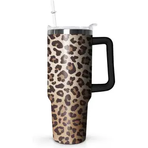 Ceovfoi 40 Oz Stainless Steel Insulated Vacuum Flask Tumbler Set with Silicone Handle and Lid, Portable Leopard Print Travel Coffee Mug Water Bottle, Decor & Birthday Gifts for Women