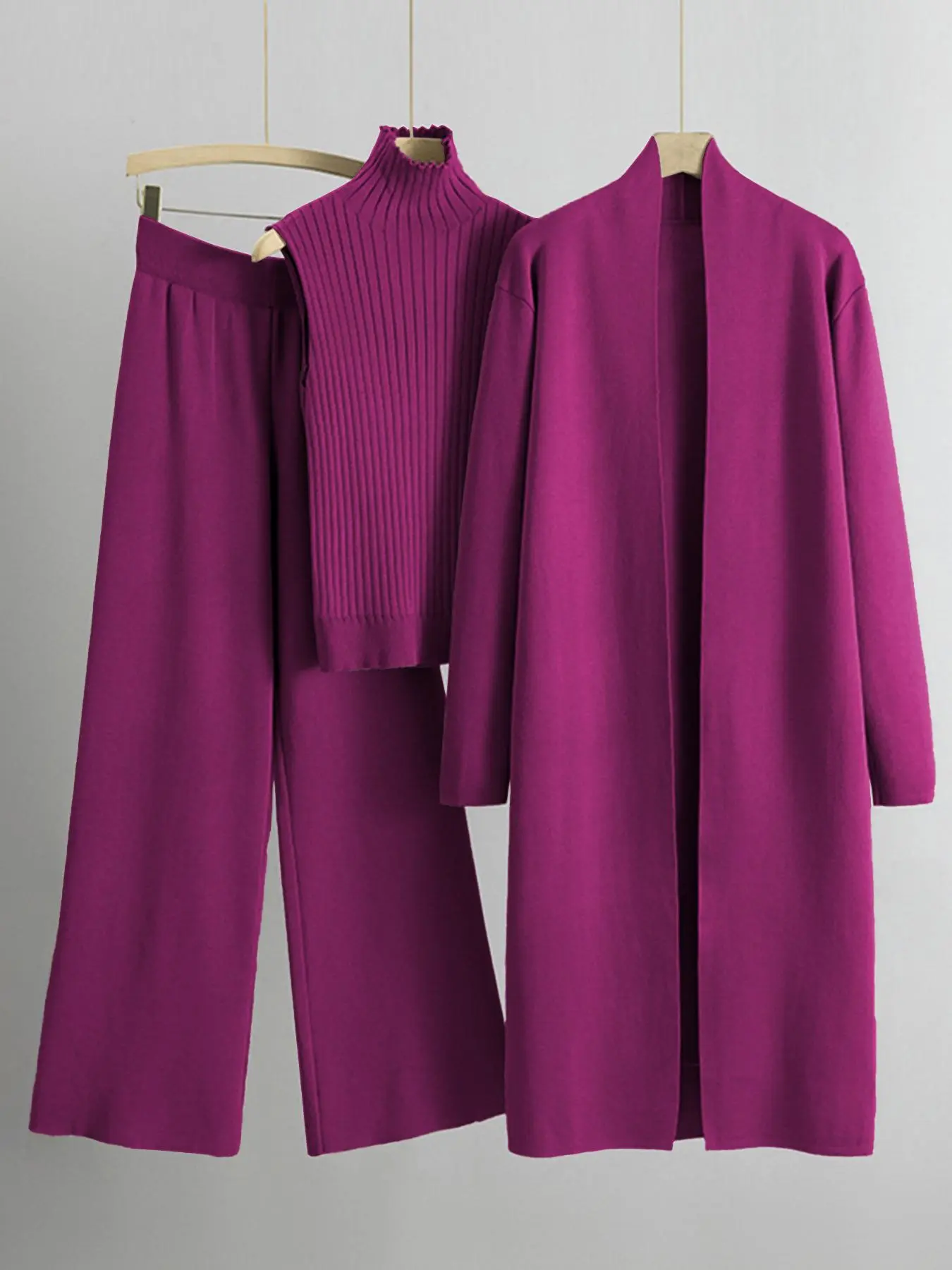 Trendy Knit Turtleneck Tank & Wide Leg Trousers With Open-Front Long Cardigan Three-Piece Sets Long Sleeve Casual Clothes