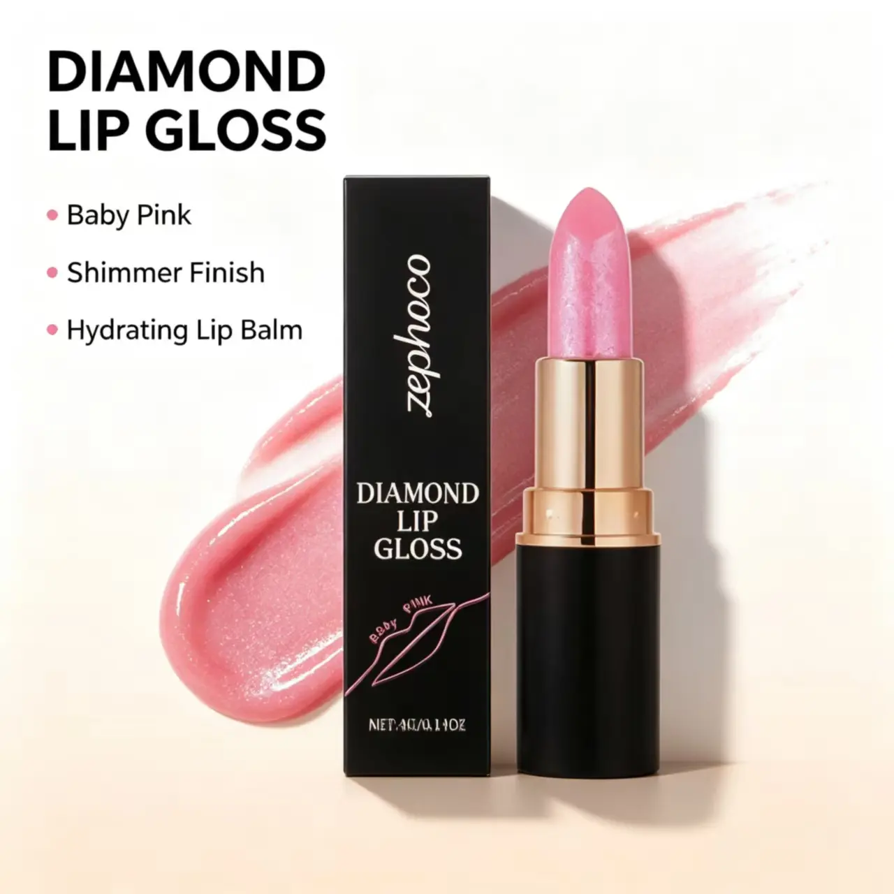 Trending Zephoco Shimmer Diamond Lip Gloss Baby Pink, Rich Hydrating Formula, Soft Plump Lip Finish, Smudge Resistant Non Fade Lip Cosmetic Moisturizing Lightweight