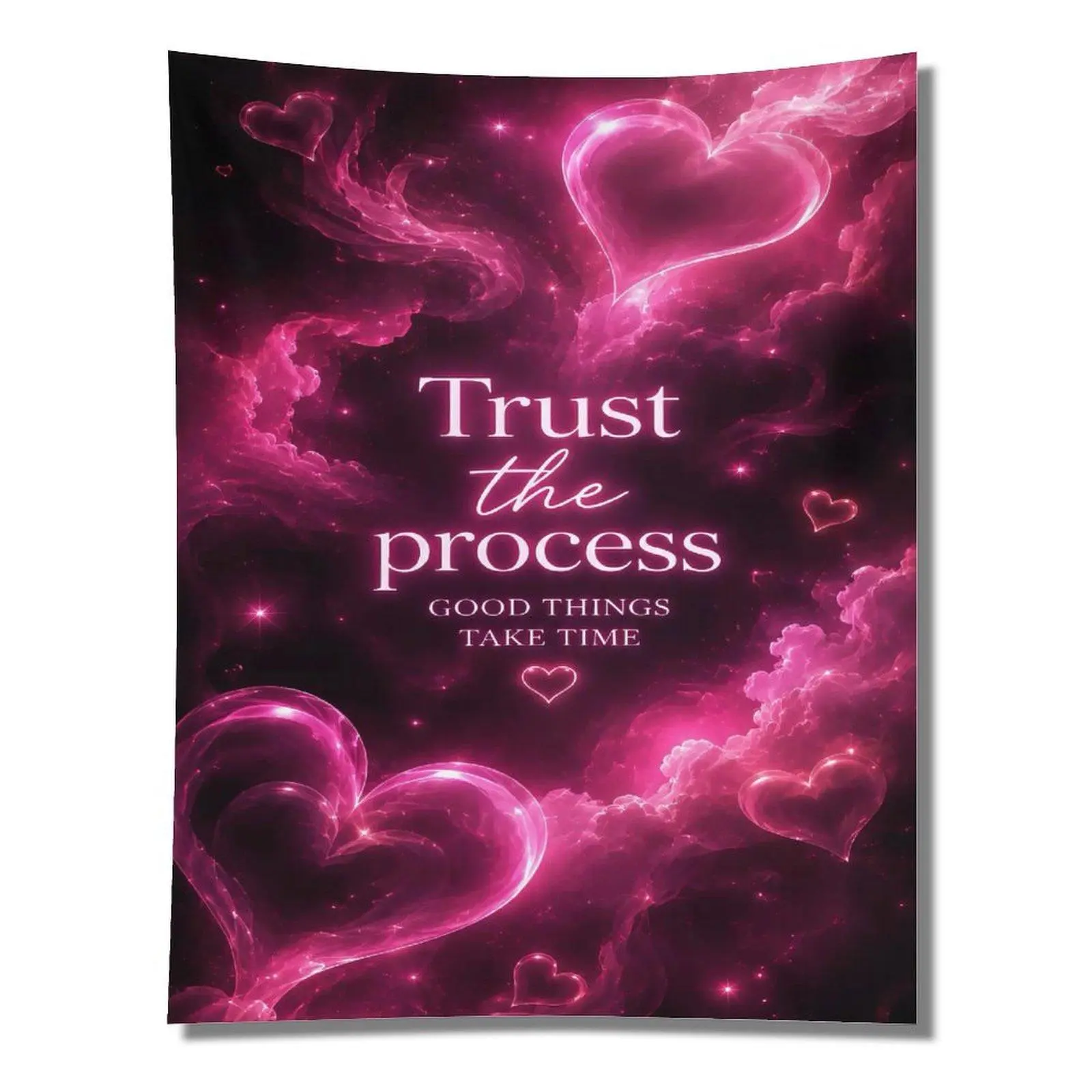 Pink Transparent Neon Heart Smoke Cloud Trust The Process Positive Motivational Girly Y2K Wall Tapestry
