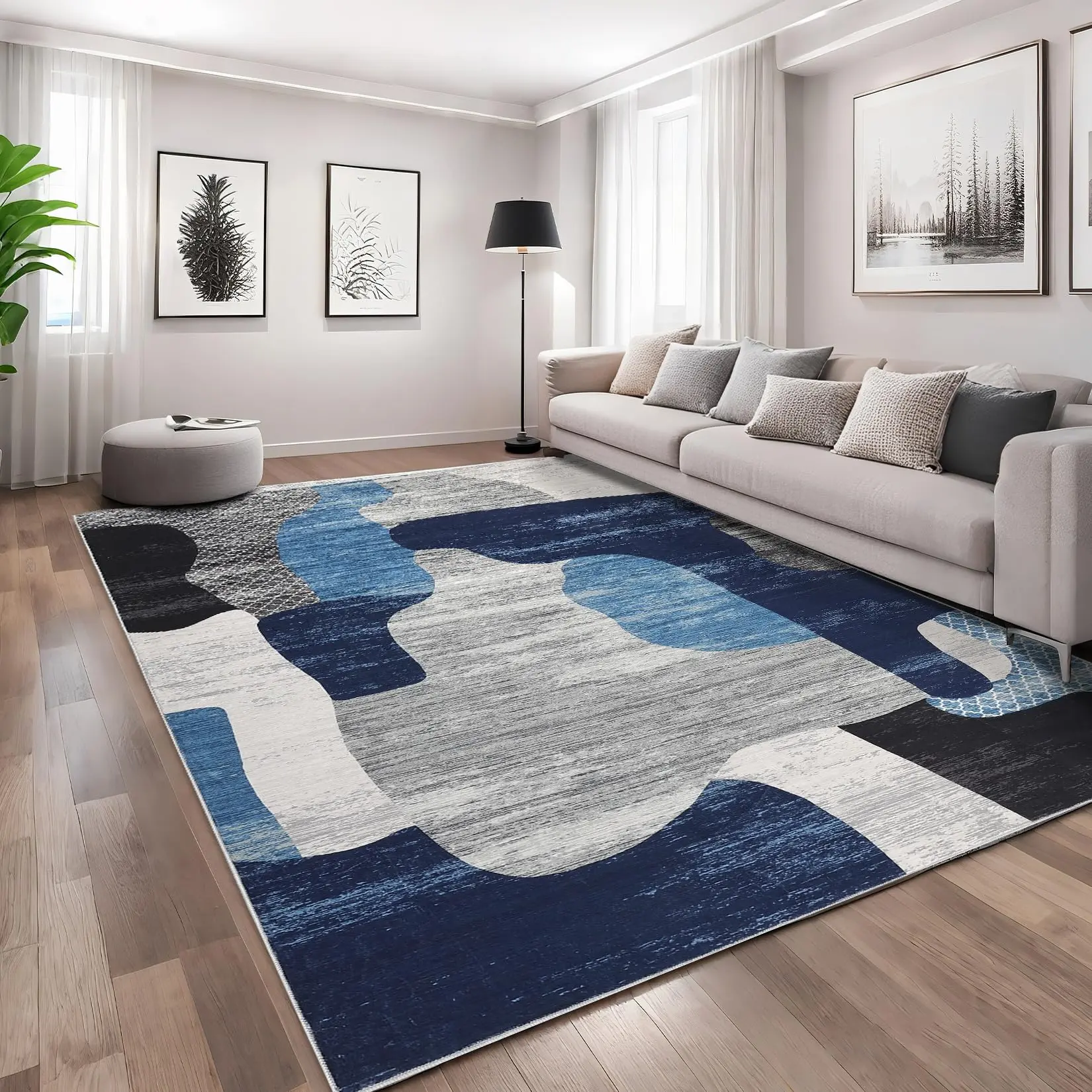 GARVEE 8x10 Washable Rugs Modern Abstract Contemporary Area Rug With Non-Slip Backing Ultra-Thin Stain Resistant Throw Carpet Non Shedding Floor Cover For Living Room Bedroom Office Playroom,Blue