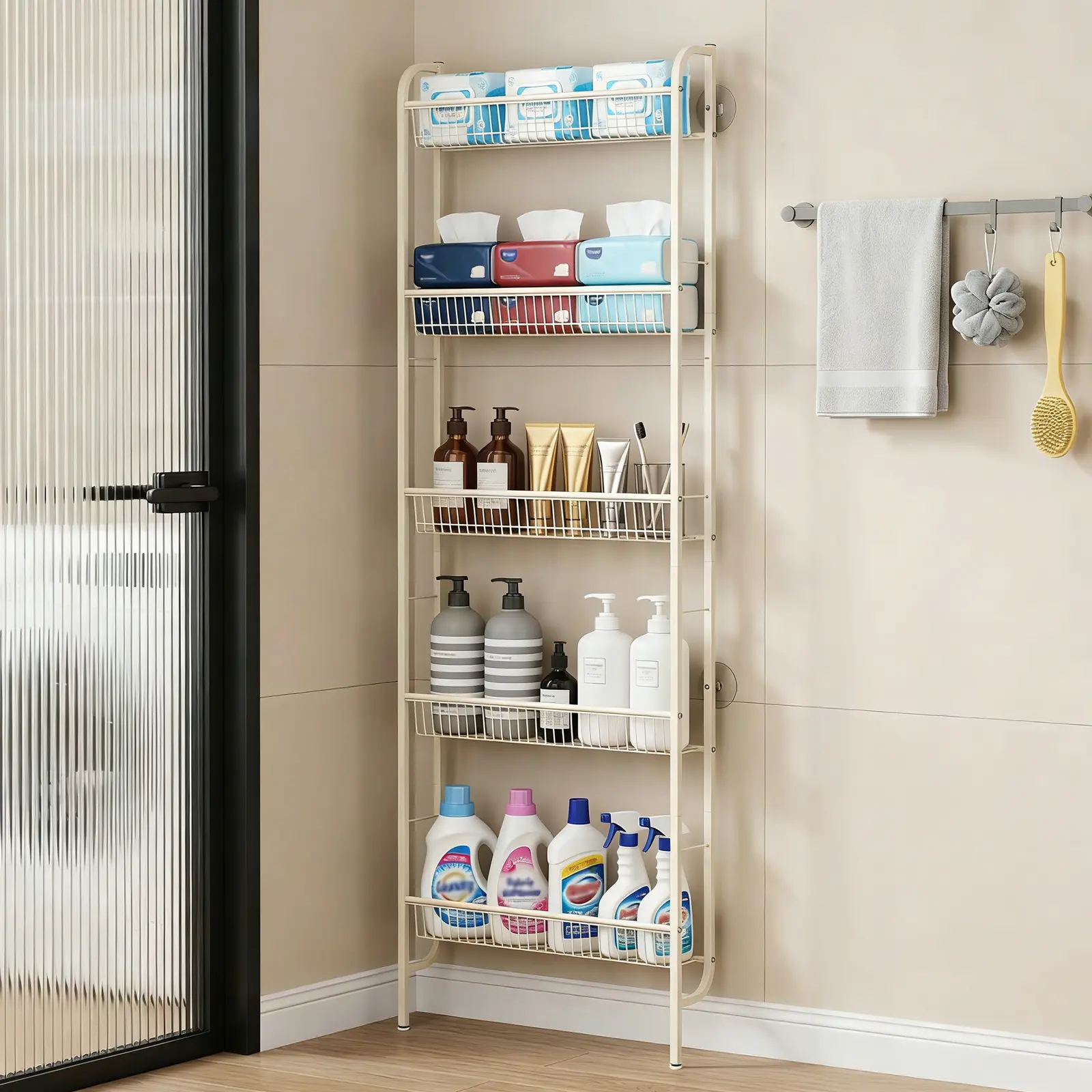 5-Tier Bathroom Shelf - Tall Narrow Freestanding Storage Rack with Anti-Slip Base - Space-Saving Organizer for Behind Door, Kitchen, Laundry Room, or Pantry - Bathroom Furniture, White/Black