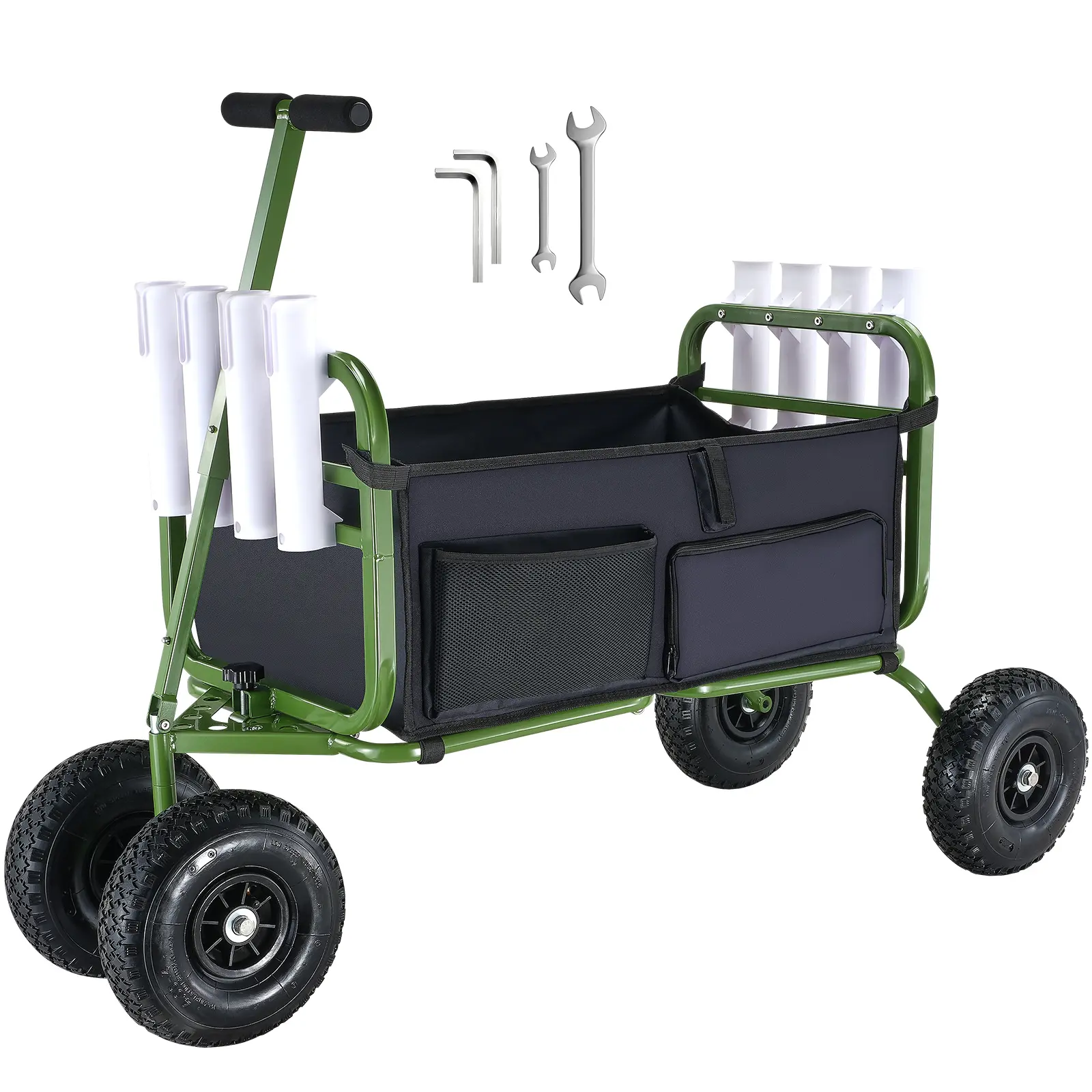 【Summerfinds】VEVOR Beach Fishing Cart 300 lbs Load CapacityFoldable Fish and Marine Cart with Four 11" Big Wheels Rubber Balloon Tires for SandHeavy-Duty Steel Pier Wagon Trolley with 8 Rod Holders for Picnic