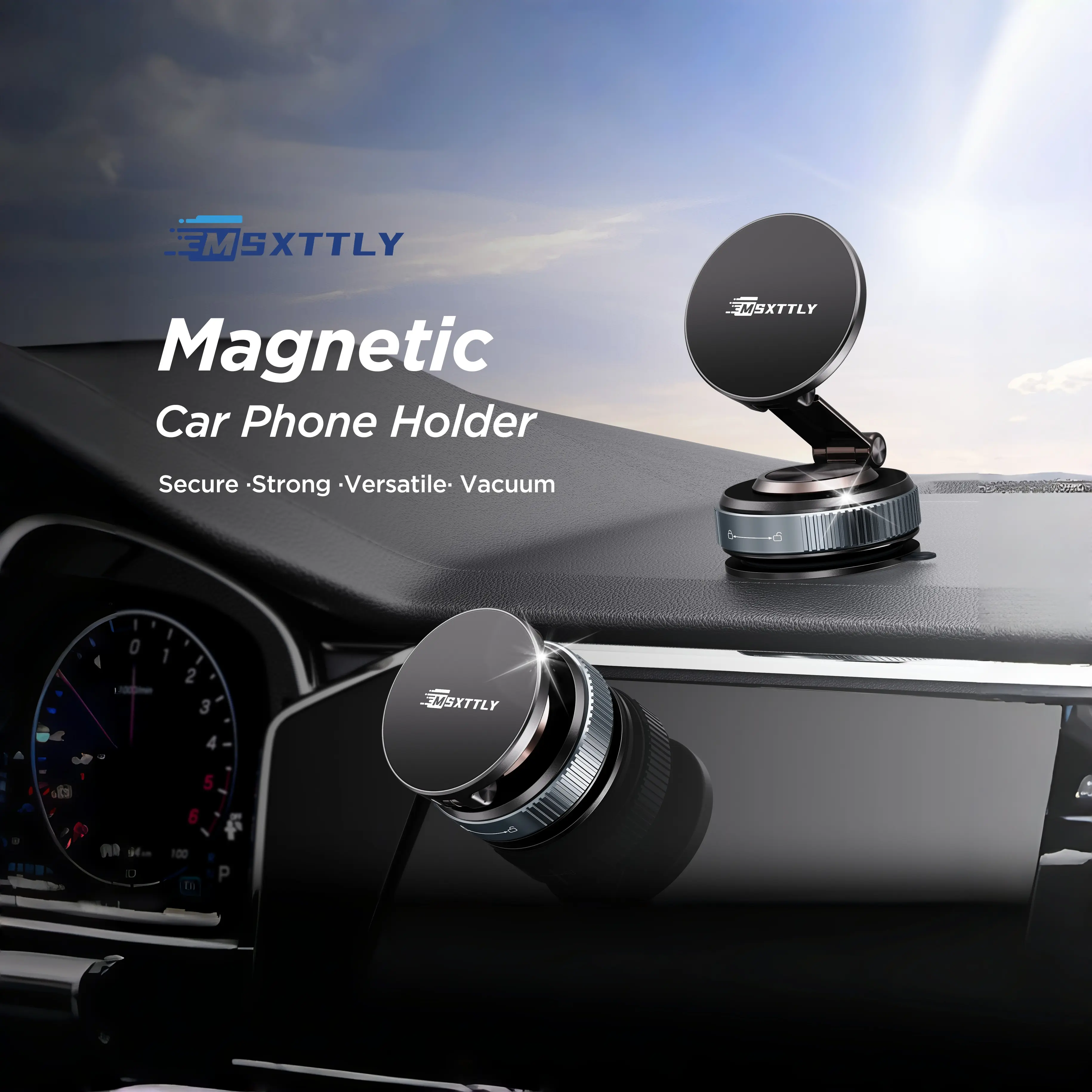 MSXTTLY 2026 Vacuum MagSafe Car Mount Magnetic Phone Holder, 360° Adjustable for MagSafe Car Holder Foldable Suction Phone Mount for Car, for Garmin GPS/Mirror/Smooth /Gym / Car/Home/Office, and flat ，for All Phones