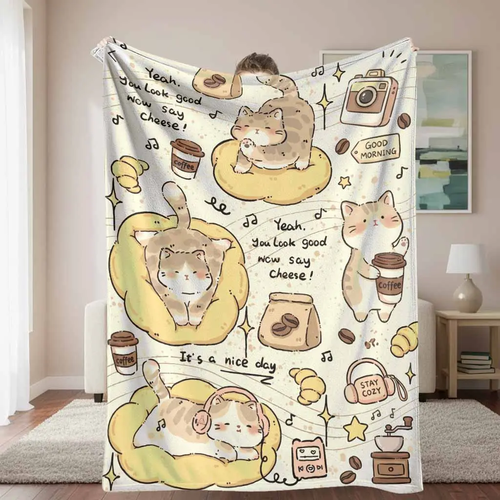 Cute Cat Flannel Blanket - Kitty Prints, Whimsical Cartoons, Animal Character Figures, Colorful Morning Brew Artwork, Super Soft, Lightweight, Breathable, Durable, Multi-Size, Unisex, Machine Washable, Ideal for Home Use, Thoughtful Holiday Gift