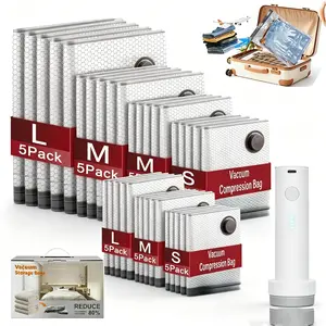 Upgraded Cordless Vacuum Storage Compression Bag Set (15-Pack, 3 Sizes) - USB Rechargeable Handheld Pump with Built-In Battery - Waterproof Reusable Space Saver, Vacuum Bags for Travel for  & Carry-On Suitcases space-saving clothes