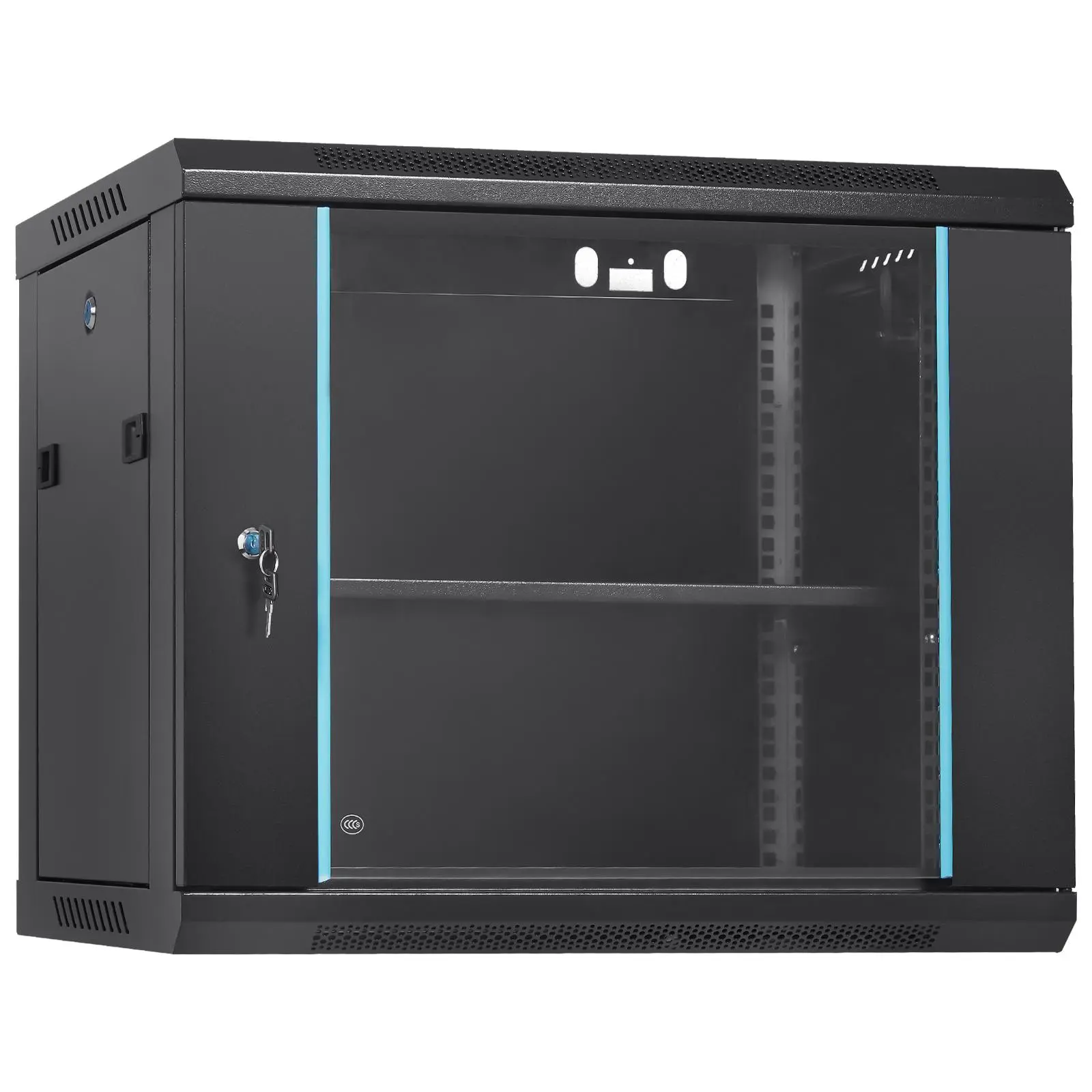 VEVOR 9U Ground-Wall Mounted Server Cabinet, Home Office Compact Welded Frame Rack with Adjustable Rails, Cable Management, Max 15.5in Depth, 200lbs Capacity, Lockable Glass Door & Side Panels, Ideal for IT & A/V Gear