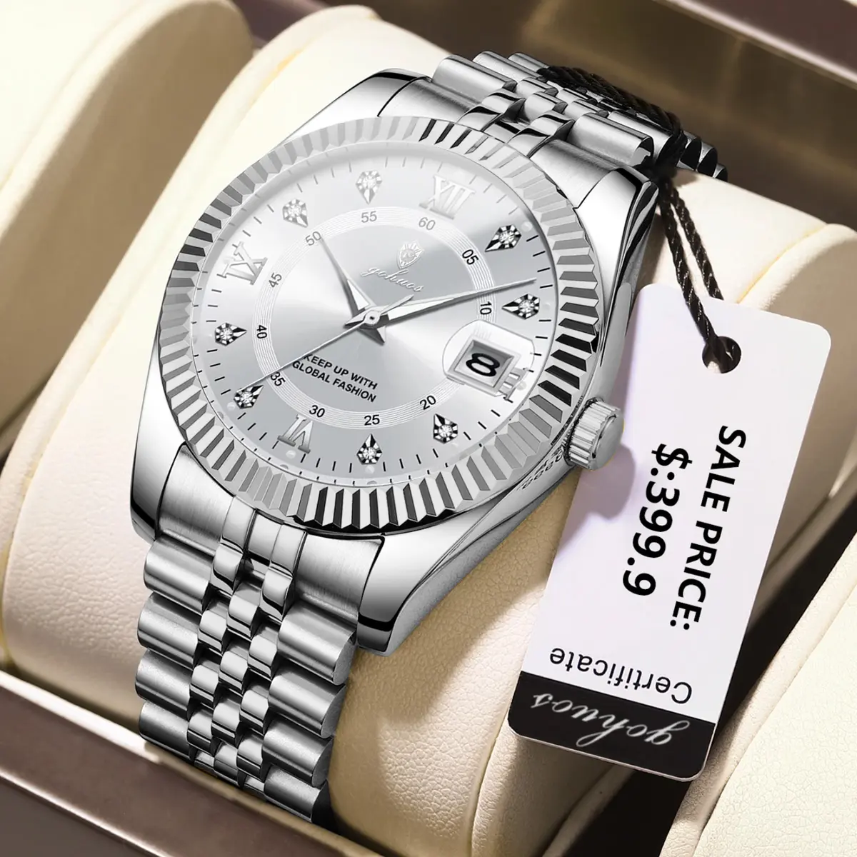 GOHUOS 8804 Men's Luxury Modern Trendy Gift Watch - 40mm Round Analog Dial, 30M Waterproof, Luminous, Stainless Steel Strap Buckle, Calendar Display Quartz Watch with Batteries, Free Box & Bag for Casual, Business Wear (Fashion Accessory)