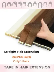 20 Inch Tape-In Hair Extensions, 50g Seamless Synthetic Hair, 20 Pieces, Smooth Straight Hair, Natural Look, Easy Application