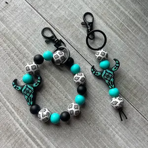 Turquoise Aztec Cow Skull Keychain Set