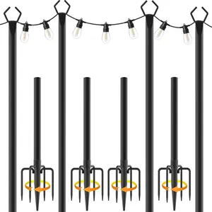 10Ft String Light Poles 4 Pack,Light Poles for Outside Lights,Outdoor with Fence Brackets Hanging Lights,Metal Stand Deck Patio Backyard