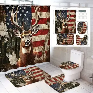 1/4pcs Rustic Hunting & American Flag Bathroom Set, Bathroom Decoration Accessories - Shower Curtain Sets with Deer & Weathered Flag Forest Scene, 2 Coordinating Bath Mats, Toilet Seat Cover - Patriotic Decor for US Independence Day & Hunting Enthusiasts