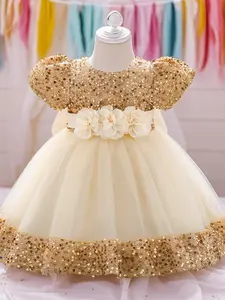 Toddler Girl's Glitter Flower Decor Mesh Dress, Floral Print Dress, Elegant Cute Round Neck Dress for Party Wedding Guest, Kids Clothing for All Seasons, Sparkly Glitter Dresses