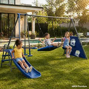 ARCH XNS052 6-Function Detachable Multi-Seat Kids Outdoor Play Set - Grey & Blue, Metal-Plastic Construction, 440lbs Capacity, 31.5in Net Swing, Mini Slide, Safe for 3+ Age Outdoor Playground Furniture