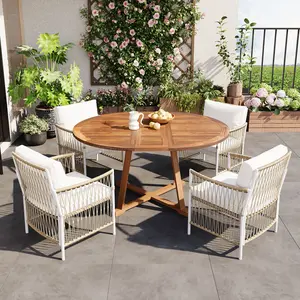 Modern 5-Piece Patio Extendable Wooden Dining Table Set, 12inch Butterfly Leaf Foldable Round Kitchen Table Set with 4 Rattan Arm Chairs for Backyard,Balcony, Garden, Poolside, Natural