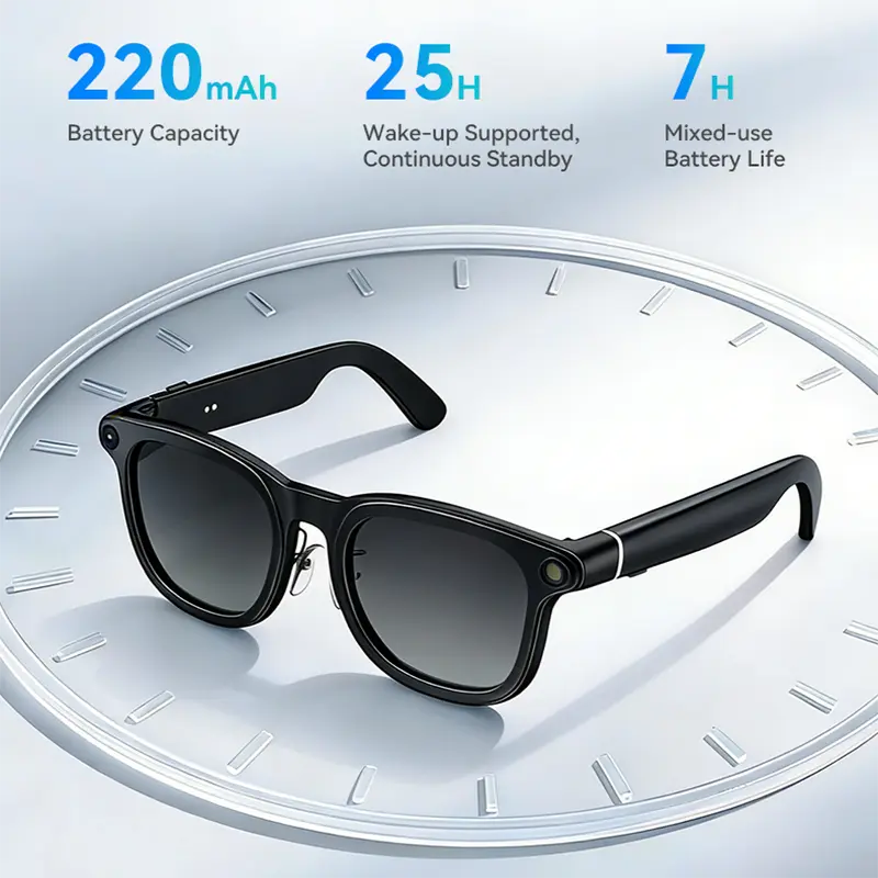 Quriov Bluetooth Smart Glasses with AI Translation – Photochromic Lenses That Darken in Sunlight, Metal Frame, Open-Ear Surround Sound, Built-in Microphone, All-Day Rechargeable Battery – Black/Gold Wearable Electronic Gadgets, Sun Protection
