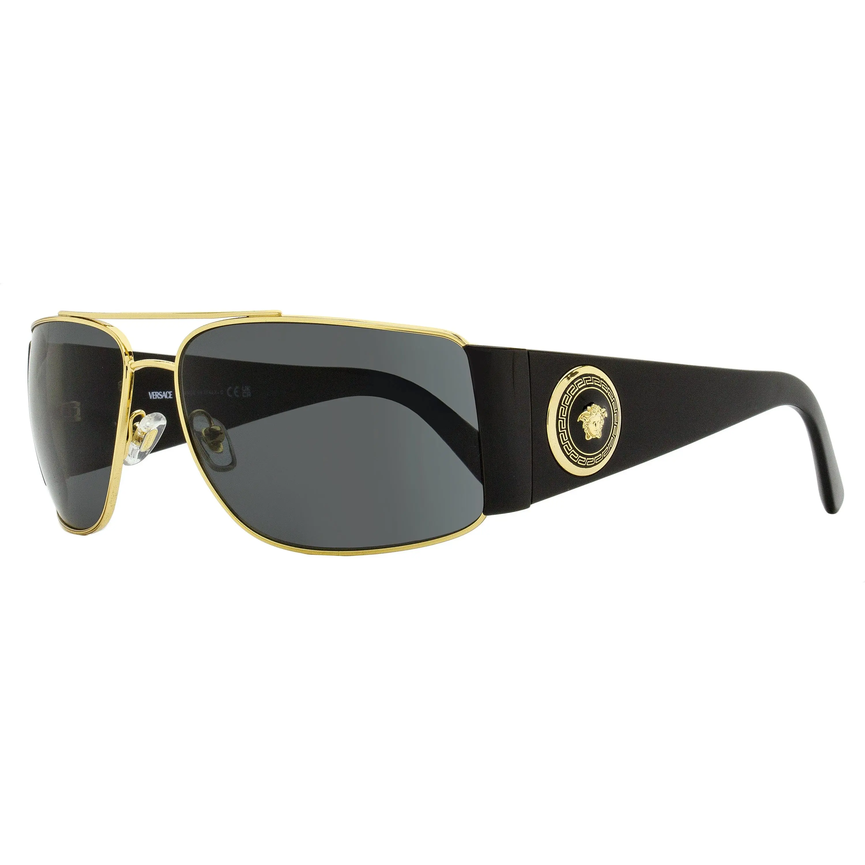 Versace Navigator Wraparound Sunglasses VE2163 100287, Black/Gold, 63mm, UV Protection, Acetate Frame, Bold Drama
