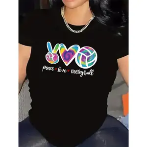 Polyester T-Shirt with Peace Love Volleyball Design for Sports Enthusiasts, Lightweight Durable Fabric Ideal for Gym Wear, Casual Outdoor Activities, Comfortable Fit for Everyday Use, Stylish Graphic Tee for Women