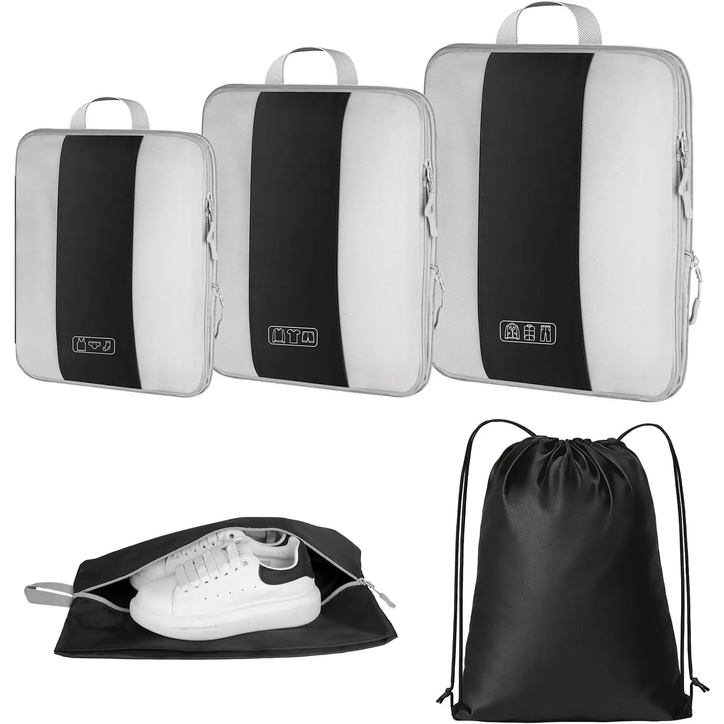 Suitcase Organiser with Compression, Pack of 5 Packing Cubes for Suitcases and Backpack - Water-Repellent Packing Cubes Made of Recycled RPET, Travel Organiser for Hand Luggage & Travel