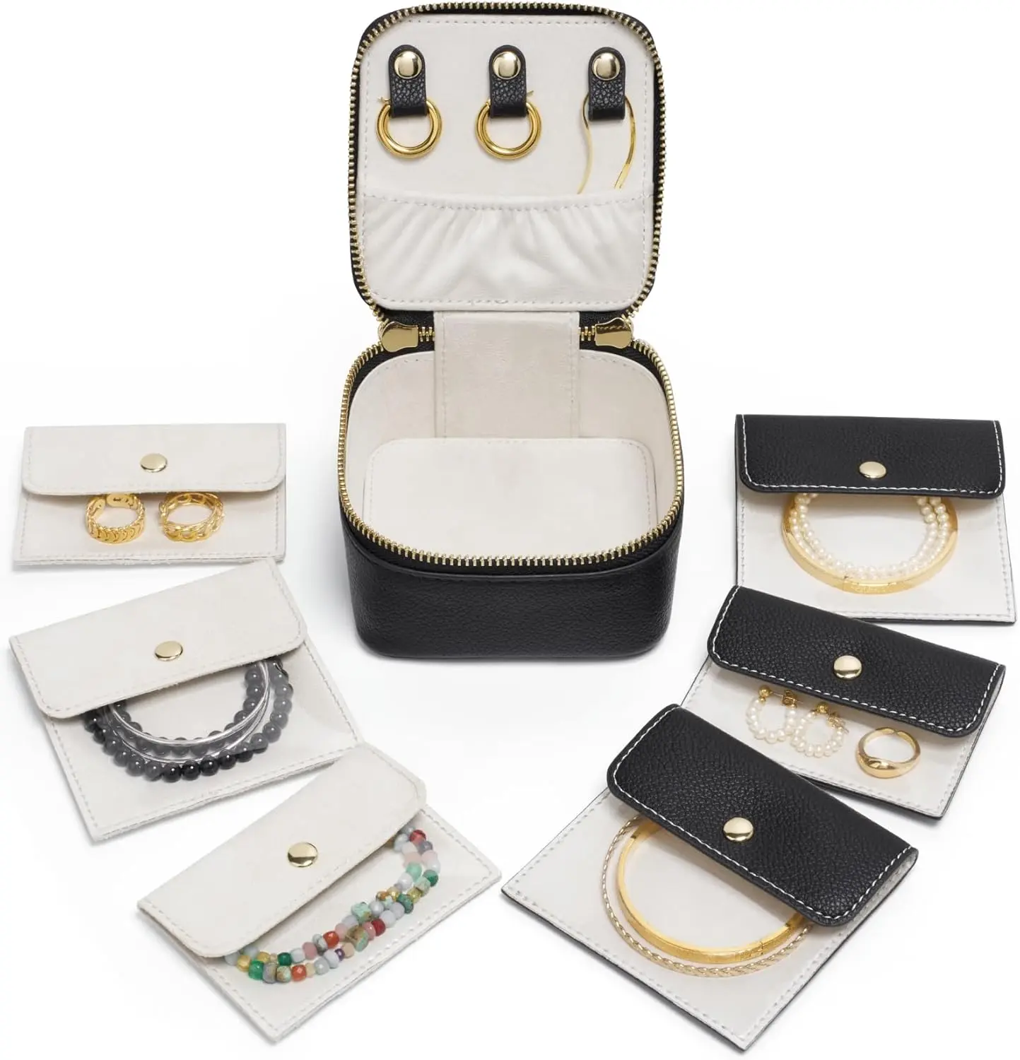 ManHaBoughjewelry travel case zip pouches jewelry Organizer Small with 6 Mini Pouch,jewelry case Portable arring Necklace(Black） Smooth Faux Luxe