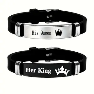 Exquisite Stainless Steel & Silicone Couple Bracelets "Her King" & "His Queen" Set of 2 Unisex Fashion Wristbands  for Couples