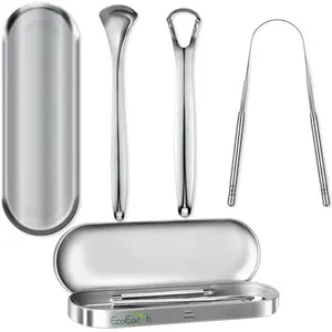 Tongue Scraper for Adults - 3 Pcs Metal Tongue Cleaner with Silver Storage Case - Tough Stainless Steel Mouth Scrubber for Fresh Breath & Oral Hygiene - by EcoEarth