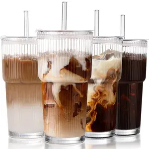 13.53/20.29 Oz Glass Coffee Cup Set with Straw and Lid, Simple Vertical Stripe Design, Perfect for Iced Americanos and Lattes, Iced Coffee Glasses, Glass Drinking Cup