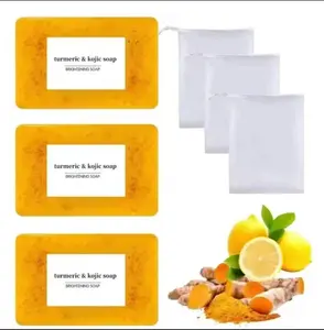 3PCS Lemon Turmeric & Kojic Acid Brightening Soaps - Body Care Exfoliating Cleanser for Men & Women, Summer Acne Face & Body Wash with Soap Saver Bags for Radiance