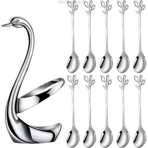Small Coffee Spoon Holder Set,Swan Base With 10 count Demitasse Espresso Spoons Set,4.7" Mini Leaf Dessert Spoon,Stainless Steel  SpoonsXXAllDayGoods7