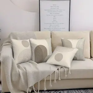 Modern Simple Style Printed Pillow Covers Set, Round Arc Line Elements, Zipper Closure, Polyester Material, Home Decor