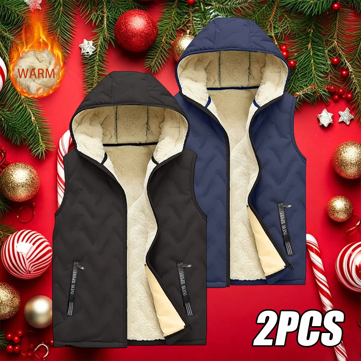 JOGWAVE Men's 2PCS 2026 Stylish Hooded Vest - Polyester Waistcoat, Pull-On, Sleeveless, Fleece-Lined, Warm, Medium Length, Crew Neck, Ultrasonic Cotton Toothbrush Design Casual Tops