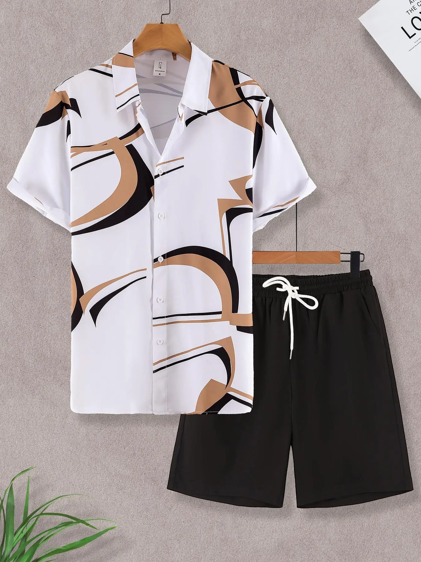 Two-Piece Set Men's Various Pattern Print Short Sleeve Pajama, Regular Fit Casual Comfy Button Front Collared Top & Drawstring Waist Pocket Design Sho