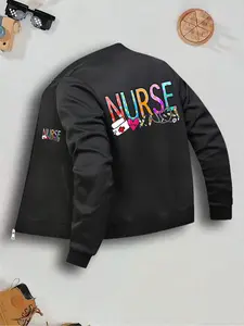Women's Nurse Print Jacket Casual Outerwear, Zipper Closure, Pockets, Fitted Style, Fall & Winter Fashion, Daily Wear, Coats, Womenswear