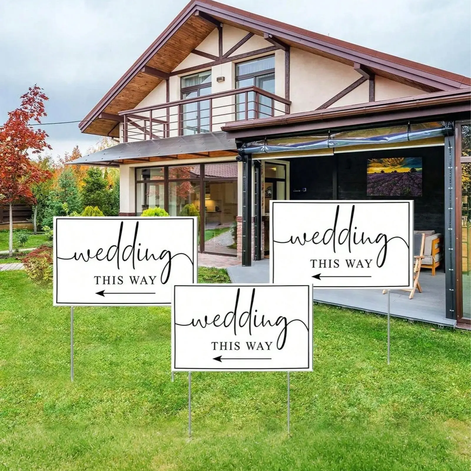 Wedding Direction Arrow Sign Set of 3, Dual-Sided Printed, Metal Stand Included, Perfect for Wedding Ceremonies and Banquets, 17x12 Inches, Yard Sign, Outdoor Plaques, Signage