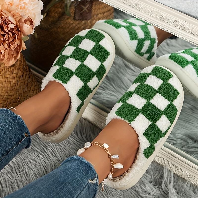 Women's Stylish Easy Checkered Fuzzy Slippers, Indoor Comfort with Thick, Soft, Warm, Silent Non-Slip Soles, Suitable for Couples