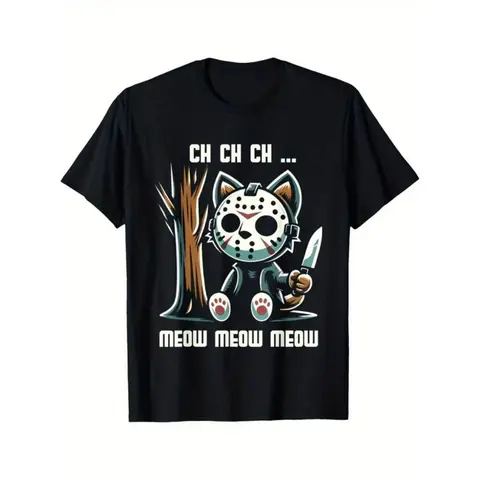 Men's Loose-Fit Soft Cotton Crew Neck Shortsleeve T-Shirt - Round Neck Tee, Funny Vintage Graphic Cat Movie Horror Design, All-Season Wear Casual Menswear Top, Machine Washable
