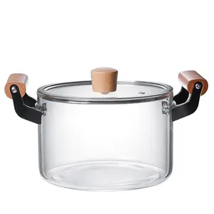 Transparent Glass Stockpot with Wooden Handle, Modern Minimalist Cooking Pot with Lid, Kitchen Cookware for Home Use