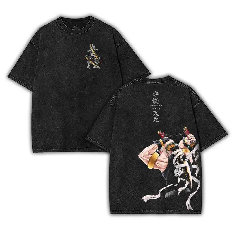Men's Demon Slayer Tengen Uzui V5 Graphic T-Shirt - Vintage Acid Washed Cotton Short-Sleeve Top, Distressed Casual Streetwear, Vintage T Shirts, Figure, Fitted, Demon Slayer Style Men's Short-Sleeve T-Shirts