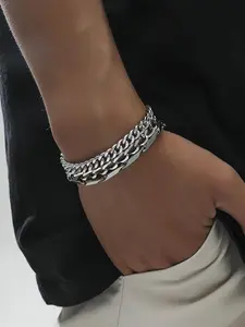 Men's Street Chunky Chain Bracelet Bundle, Simple Plain Stainless Steel Wrist Link Matching Bracelets for Boyfriend Gift, Fashionable Hip Hop Jewelry for Party