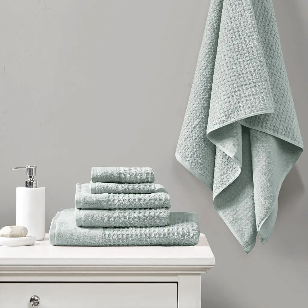 Cotton Waffle Jacquard Antimicrobial Bath Towel 6 Piece Set, Quick-Dry Absorbent Towels for Bathroom, Spa, Guest, Machine Washable, Seafoam