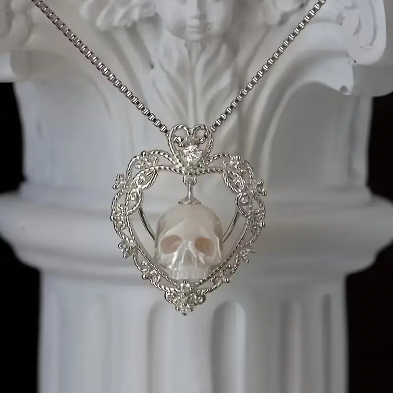 Gothic H-Shaped Skull Necklace with Rhinestone and Faux Pearl Heart, Unisex Witchcraft Aesthetic Jewelry for Daily, Halloween, Valentine's Day, Halloween Aesthetic, Bling Effect, Artificial Pearl, Synthetic, Alt Style Necklaces, Skull Heart, Rhinestones,,