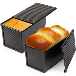 Pullman Loaf Pan with Lid, 2 Pack 1 lb Non-Stick Black Bread Loaf Pans for Homemade Bread Carbon Steel Toast Box with Cover for Oven Baking Bakeware