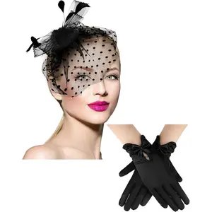 Female 50s Pillbox Fascinator Hat with Pearl Accessories, Mesh Funeral Veil, Secure Fit, Cocktail Tea Party Headpiece, and Lace Glove Gift